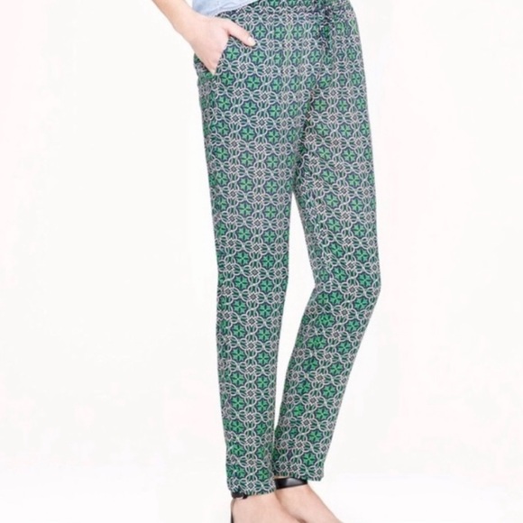 J. Crew Campbell Lattice Medallion Cropped Ankle Pants Navy/Green/Pink Size 8